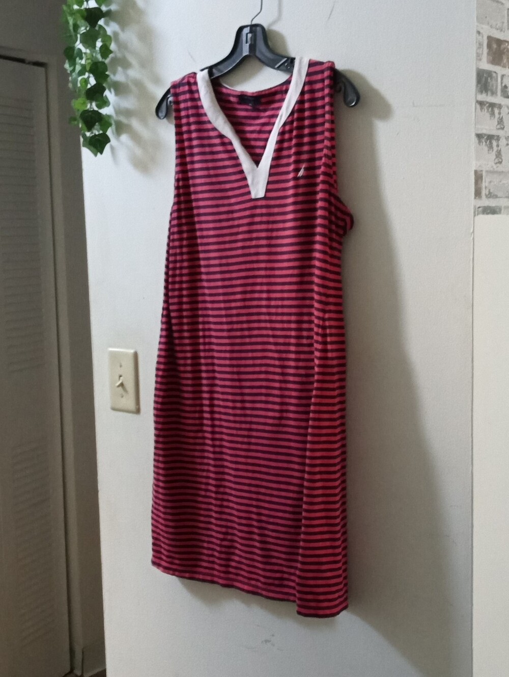 Sleeveless Striped Dress with White V-Neck Trim